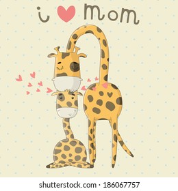 Greeting Card for Mother's Day. Illustration with cute cartoon giraffes. Vector eps 10