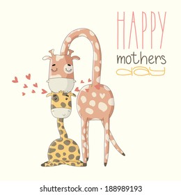 Greeting Card for Mother's Day. Illustration with cute cartoon giraffes. Vector eps 10