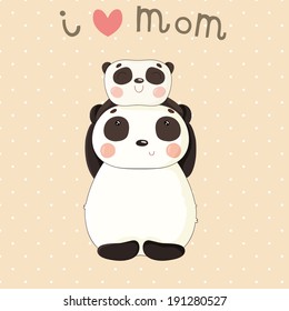 Greeting Card for Mother's Day. Illustration with cute cartoon panda. Vector eps 10