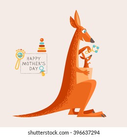 Greeting card for Mother's Day. Kangaroo and a baby. Vector illustration