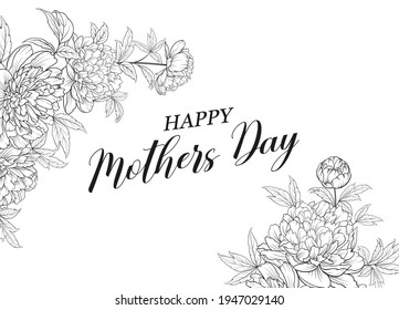 Greeting card Mother's day with line art flowers. Hand drawn flower.