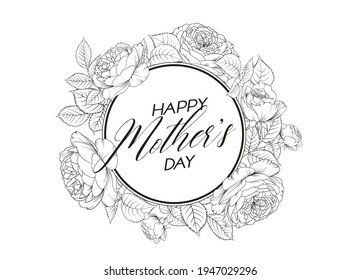 Greeting card Mother's day with line art flowers. Hand drawn flower.