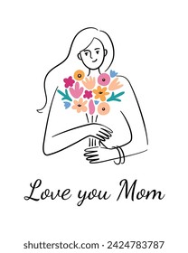 Greeting card for Mothers Day, love you mom text, happy woman with flowers, gift for mommy, beautiful postcard with love, template with copy space, girl holding bouquet, good for poster design