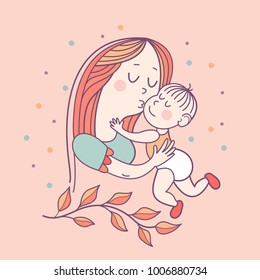 Greeting card mother's day. A pretty mother holds cute baby. Linear illustration. Vector emblem. The floral pattern.