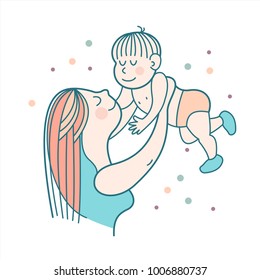 Greeting card mother's day. A pretty mother holds cute baby. Linear illustration. Vector emblem. The floral pattern.