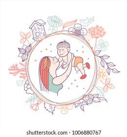 Greeting card mother's day. A pretty mother holds cute baby. Linear illustration. Vector emblem. The floral pattern.
