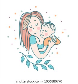 Greeting card mother's day. A pretty mother holds cute baby. Linear illustration. Vector emblem. The floral pattern.