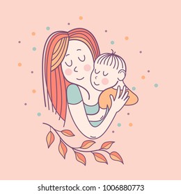 Greeting card mother's day. A pretty mother holds cute baby. Linear illustration. Vector emblem. The floral pattern.