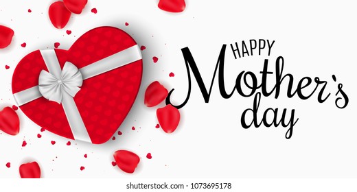 Greeting card for Mothers Day. Red gift box of heart with bow. White background. Rose petals and confetti. I love mommy. Calligraphy and lettering. Vector illustration. EPS 10