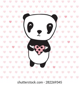 Greeting card for Mother's Day, Valentine's Day, birthday with panda and heart. Hand drawn panda for your design. Doodles, sketch. Vector illustration.