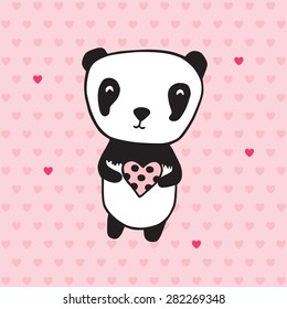 Greeting card for Mother's Day, Valentine's Day, birthday with panda and heart. Hand drawn panda for your design. Pink background. Doodles, sketch. Vector illustration.