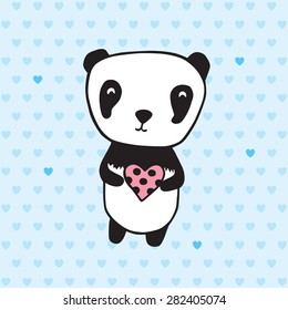 Greeting card for Mother's Day, Valentine's Day, birthday with panda and heart. Hand drawn panda for your design. Blue background. Doodles, sketch. Vector illustration.