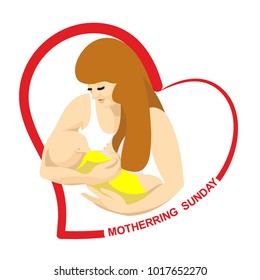 Greeting card for mother's day.Image of a woman holding a newborn in her arms and breastfeeding. Silhouette of mother and child is enclosed in a stylized heart with an inscription "Happy Mothers Day"