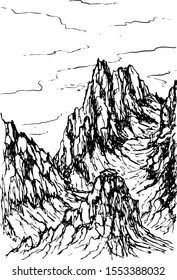 Greeting card with mountain landscape. Vector fantasy landscape with a small house in the mountains. Black silhouettes isolated on white background. Sketch design, contour drawing style.