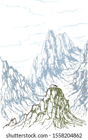 Greeting card with mountain landscape. Vector fantasy landscape with a small house in the mountains. Color silhouettes isolated on white background. Sketch design, contour drawing style.