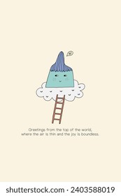 Greeting Card Mountain on a Cloud. Vector hand drawn illustration for print design, poster