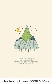 Greeting card mountain trees moon stars. Vector hand drawn illustration for print design, poster