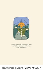 Greeting card mountain valley sunshine. Vector hand drawn illustration for print design, poster