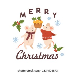 Greeting card with mouse and rat holding festive cupcake and Merry Christmas inscription vector flat illustration. Xmas holiday card with animal characters decorated by snowflakes and mistletoe