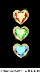 Greeting card with multicolored hearts and gold chains. Bright postcard Happy Valentine's Day. Set of fashionable women's accessories.