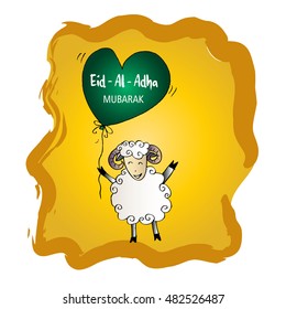 Greeting card for Muslim Community Festival of Sacrifice Eid-Al-Adha. Sheep holding heart balloons.