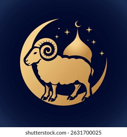 greeting card for muslim festival of sacrifice eid al-adha. islamic crescent moon, barn and golden mosque with stars. vector illustration