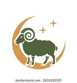 greeting card for muslim festival of sacrifice eid al-adha. islamic crescent moon, barn and golden mosque with stars. vector illustration