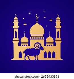 greeting card for muslim festival of sacrifice eid al-adha. islamic crescent moon, barn and golden mosque with stars. vector illustration