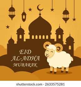 greeting card for muslim festival of sacrifice eid al-adha. islamic crescent moon, barn and golden mosque with stars. vector illustration