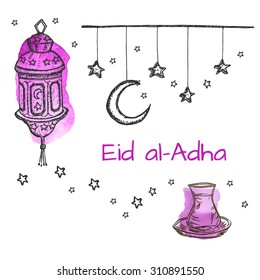 Greeting Card for muslim holiday Feast of the Sacrif (Eis al-Adha) with stars and moon and hand drawn lamp on pastel background. Vector illustration.