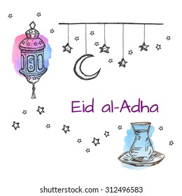 Greeting Card for muslim holiday Feast of the Sacrif (Eis al-Adha) with stars and moon and hand drawn lamp on pastel background. Vector illustration.