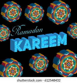 Greeting card for Muslims. Creative illustration. Isometry. 3D inscription and decor elements