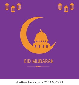 Greeting card of muslims festival Eid-ul-Fitr with orange color masjid and moon looking beautiful with editable purple background. Translation: “festival of breaking the fast”