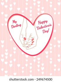 Greeting card "My darling", heart with drawing contour hands of men and women on the background hearts on threads