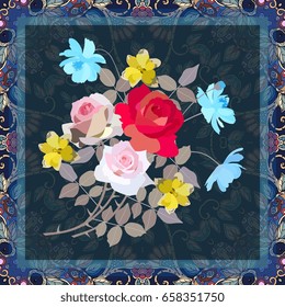 Greeting card, napkin or cute pillowcase with bouquet of gardening flowers - roses, daffodils and cosmos on black ornamental background. Vector illustration.