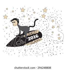 Greeting card with new 2016 year. Cute cartoon monkey flies on a rocket among the starry sky. Vector illustration.