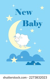Greeting card new baby, night blue sky with yellow stars and the moon with a smiling white sheep.