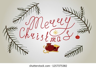 greeting card new happy new year 2019 with fir branches and christmas toy, snowflakes on light background