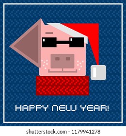 greeting card with new year 2019 pig in red cap, sunglasses and scarf woolen