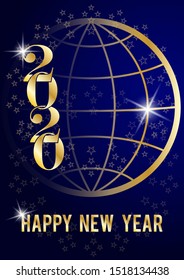 Greeting card for the New Year 2020 against the background of the globe in vertical execution