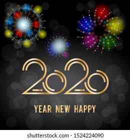 Greeting card for the New Year 2020 on a dark background with festive fireworks