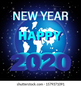 Greeting card for New Year 2020 with a greeting ribbon around the world and space on planet Earth, cool blue background