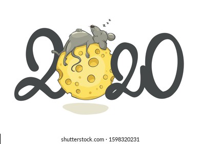 Greeting card for the new year 2020 / Vector illustration, postcard to the year of the rat, funny Mouse sleep on cheese