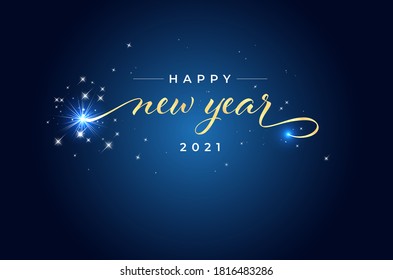 Greeting card for New Year 2021. Happy New Year graphics with shiny stars on blue background. Vector illustration with copy space for your text.