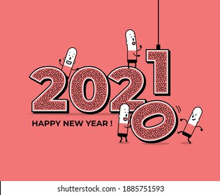 Greeting card for the New Year 2021. Little characters delete the numbers of 2020 and build 2021