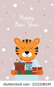 Greeting card for the new year 2022. Striped tiger in a blue sweater holds gifts