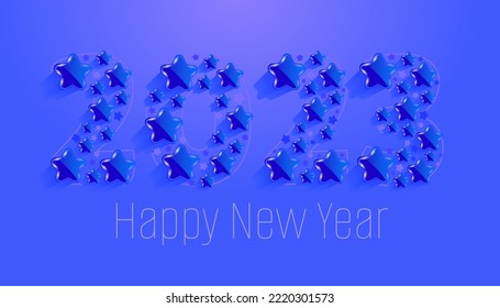 Greeting card for New Year 2023. Happy New Year graphics with shiny stars on blue background. Vector illustration with copy space for text.