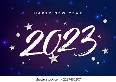 Greeting card for New Year 2023. Happy New Year graphics with shiny stars, balls and lights on blue background - vector illustration.