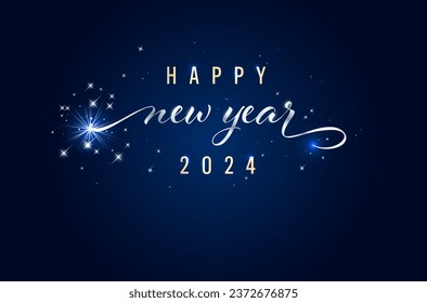 Greeting card for New Year 2024. Happy New Year graphics with shiny stars on blue background. Vector illustration with copy space for your text.