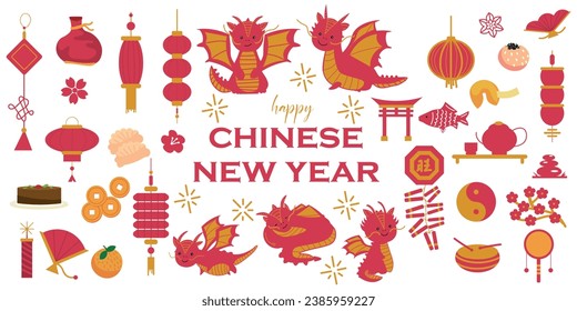 Greeting card for New Year 2024 with Chinese dragons and symbols